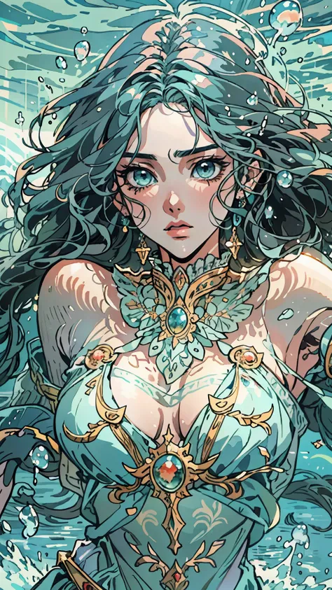 A beautiful woman with cascading waves of aqua-blue long hair, exquisite facial features, a melancholic expression, delicate and bright eyes, skin as smooth and radiant, her slender and graceful figure dances like water splashes in the wind, a splendid fan...