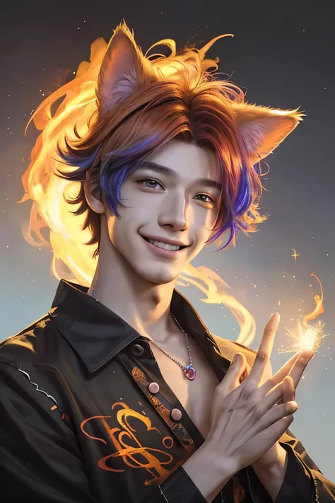 A young man doing fire magic, multicolored hair, cloud hair, hair flower, jewelry, sparkling eyes, animal ears, smile, excited, Realism, anime style, close-up, from below, masterpiece, high details