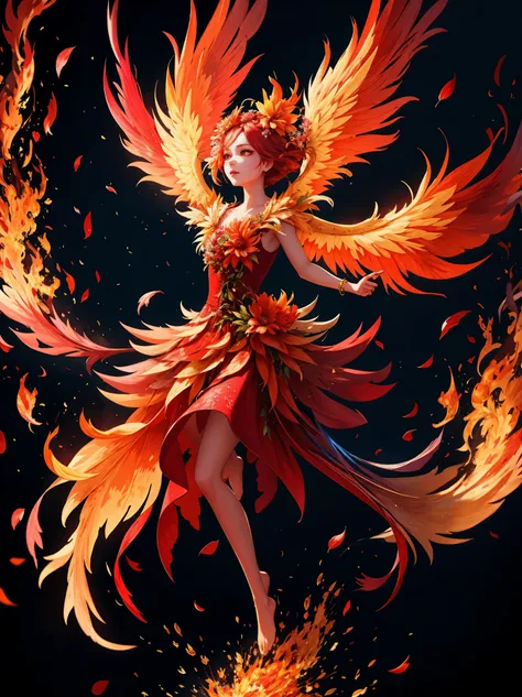 A floral phoenix, reborn from the ashes with petals that burst into vibrant flames during its resurrection..8K