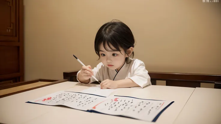 little boy练习书法，写calligraphy，Serious and cute，Realistic，photograph，Warm，calligraphy family，Chinese Arts，calligraphy，little boy