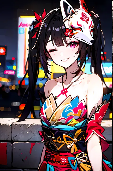 detailed, (masterpiece:1.2), (pale_skin:1.2), (solo:1.2), (female), slender, (black hair), twintails, outdoors, sky, night city, lights, bare shoulders, red kimono, collarbone, smiling, las vegas, city, (winking), (one_eye_closed:1.3), grinning, teeth, pin...