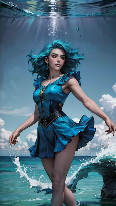 A beautiful woman with cascading waves of aqua-blue long hair, exquisite facial features, a melancholic expression, delicate and bright eyes, skin as smooth and radiant, her slender and graceful figure dances like water splashes in the wind, a splendid fan...