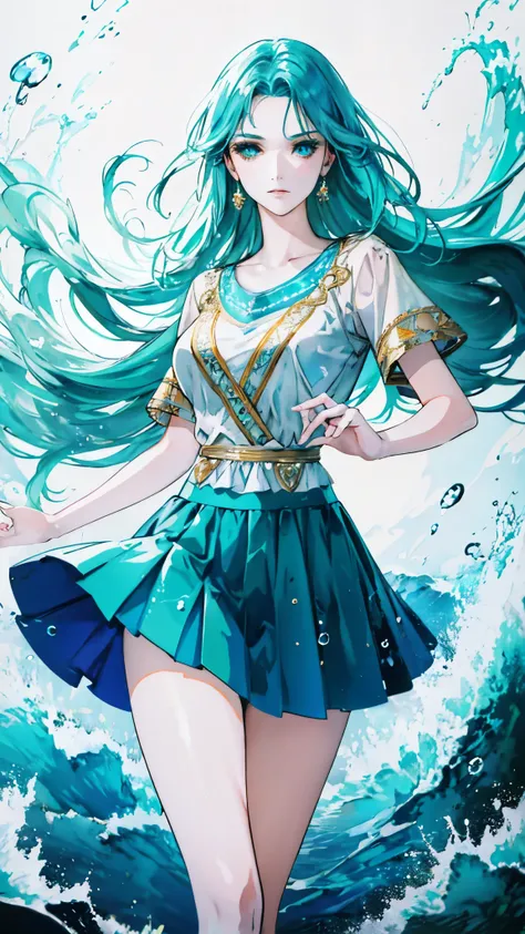 A beautiful woman with cascading waves of aqua-blue long hair, exquisite facial features, a melancholic expression, delicate and bright eyes, skin as smooth and radiant, her slender and graceful figure dances like water splashes in the wind, a splendid fan...