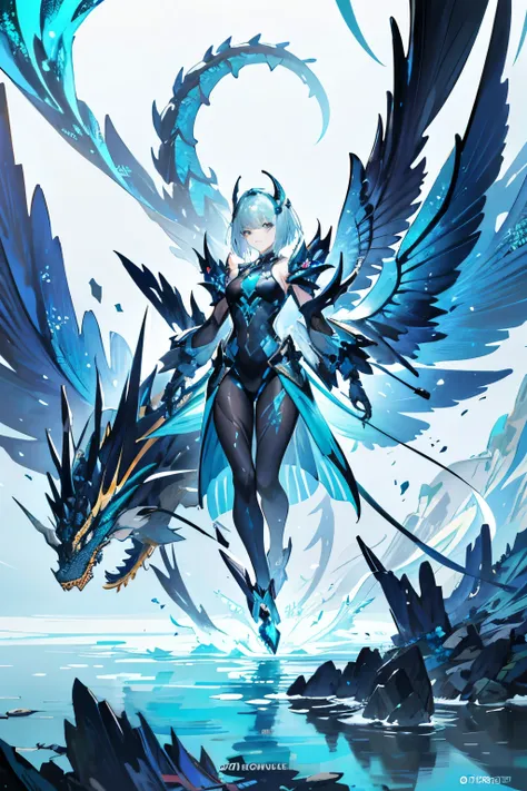 Masterpiece, best quality, a woman in black and blue walking in water with a dragon, in the style of mecha anime art, gray and bronze colors dominating the scene, with light white and teal accents, intricate hand-painted details adding texture and depth, g...