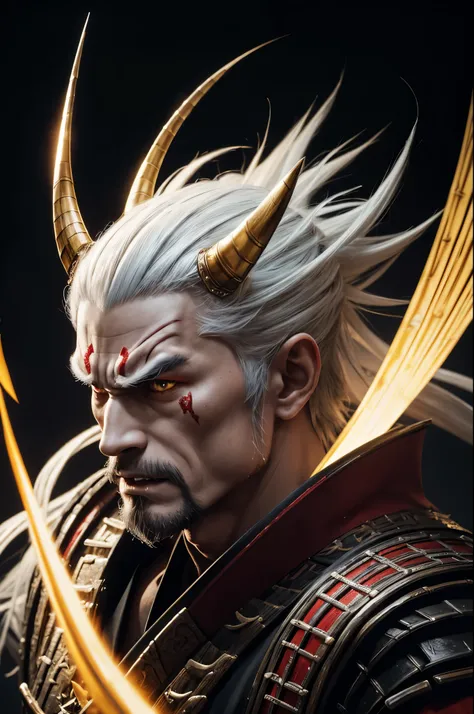 8K,big fangs,Demon man with a big long sword, devil&#39;s villain, samurai with demon mask,super handsome(like the real thing),Albino skin,realistic skin golden eyes, Devil Samurai, Devil Samurai戦士, Demon Samurai, Slender muscular macho body,Onmyoji portra...