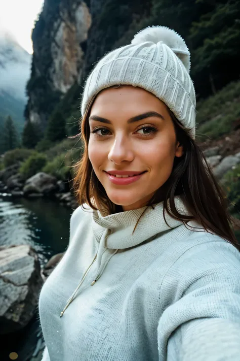 Photograph of a beautiful woman taking a selfie, upper body shot, solo, wearing a cozy pullover, outdoors, at night, among the majestic mountains and the serene forest, surrounded by the real life nature, stars twinkling in the sky and the moon casting a g...