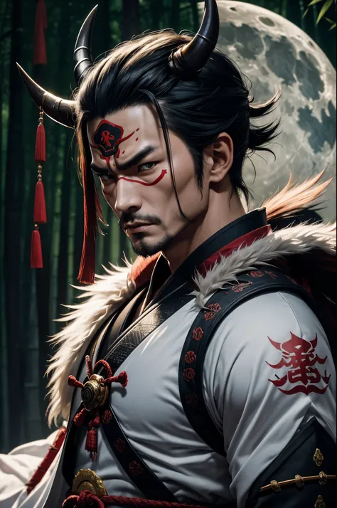 8K,額から真っ直ぐにbornえる1本の白い角,Demon man with a big long sword, devil&#39;s villain, samurai with demon mask,super handsome(like the real thing),Albino skin,realistic skin golden eyes, Devil Samurai, Devil Samurai戦士, Demon Samurai, Slender muscular macho body,Onm...