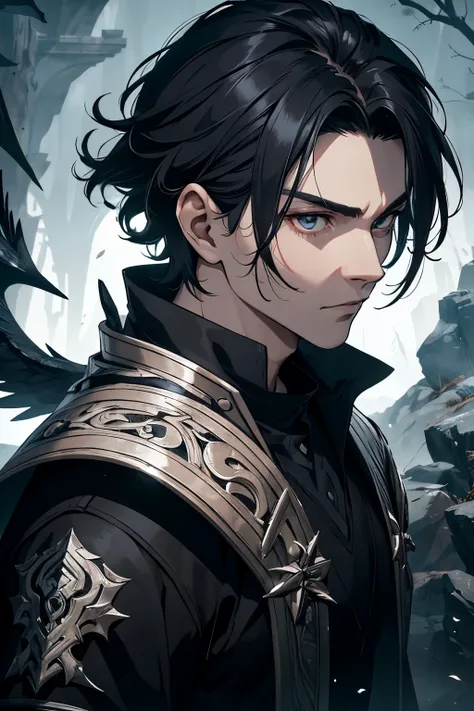 In the depths of a mystical realm, a boy with raven-black hair stands out against the stark contrast of the white and dark landscape. His features, reminiscent of an Asian face, are intricately detailed under the dark white and light black style, with the ...