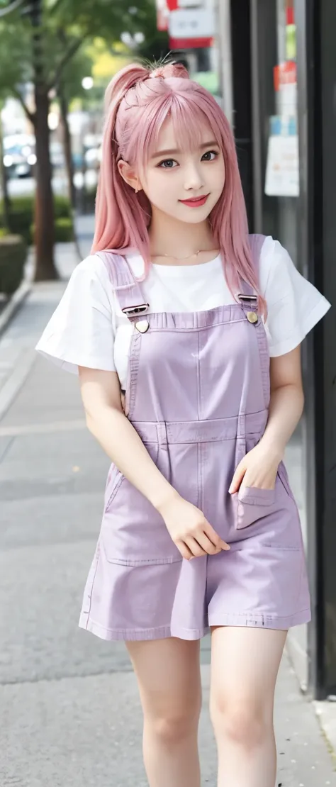 Idol、Full body Esbian、、overalls mini dress、pink hair