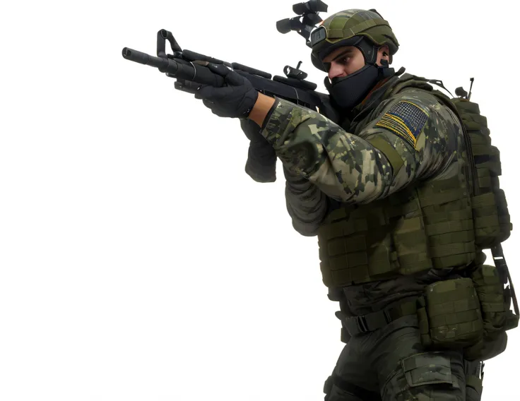 Close-up of a soldier holding a rifle and backpack, CS:go screenshot, CSGO, counter strike, High quality theme rendering, continuous frequency modulation, continuous frequency modulation render, in game, in game image, looks like jerma985, in game shot, lo...