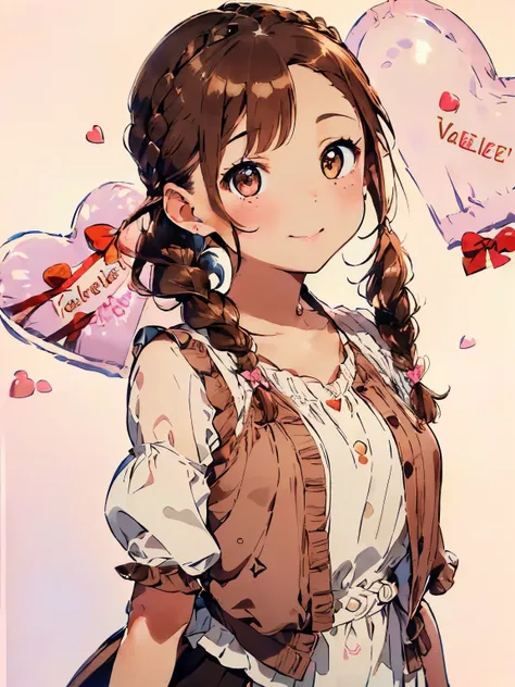 (brown hair:1.4),(brown eyes:1.4),((Braided shorthair:1.3)),((With bangs)),((Valentine:1.4)),(blush),((gentle smile:1.2)),((A colorful and cute world with POP:1.3)),(Soft taste:1.6),((fashion//vest、double sleeve chiffon blouse 1.25)),(cute pose:1.3),(I lik...