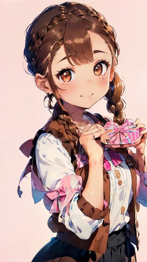 (brown hair:1.4),(brown eyes:1.4),((Braided shorthair:1.3)),((With bangs)),((Valentine:1.4)),(blush),((gentle smile:1.2)),((A colorful and cute world with POP:1.3)),(Soft taste:1.6),((fashion//vest、double sleeve chiffon blouse 1.25)),(cute pose:1.3),(I lik...