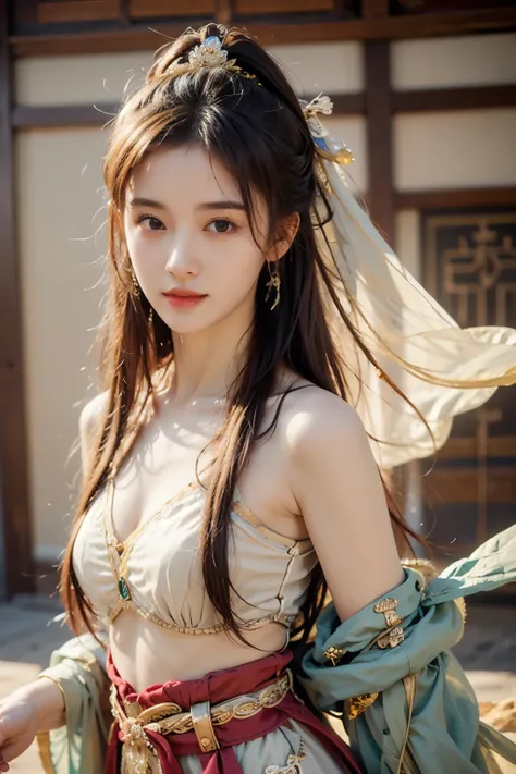 the fairy-like girl in hanfu stands under leifeng pagoda，looking at the camera very elegantly，very good figure，（with a gentle ex...