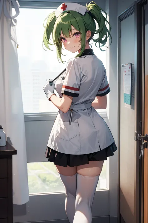 1 girl, alone, nurse, nurse cap, Whiteware, ((white legwear, zettai ryouiki)), white gloves, ponytail, green hair, pink eyes, smile, Are standing, ((hospital room)), sharp outline, short sleeve, highest quality, masterpiece