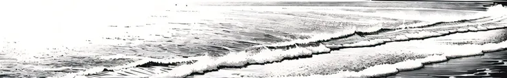 greyscale manga style pencil sketch of beautiful beach, glowing yellow details