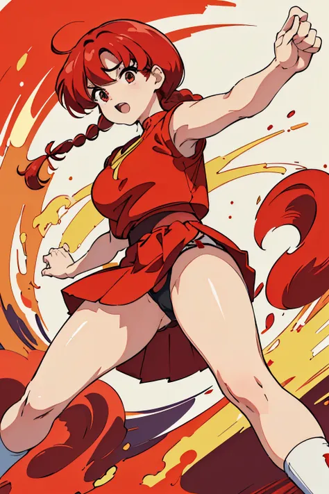 (8k, Foto RAW, La mejor calidad, Obra maestra:1.2), Ranma Chan, Ranma Red Shirt, red hair, braided belt, perfect body, red short skirt, upskirt, red panty, martial art
