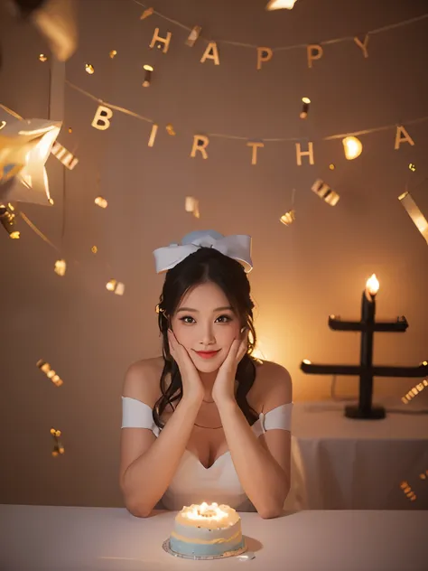 woman in white dress sitting at table,make a wish on the birthday cake, happy birthday, product introduction photos, birthday pa...