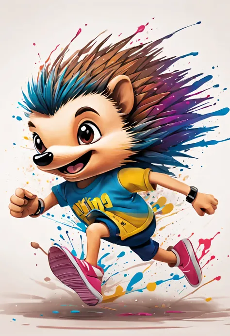 splash ink, patrick muciano style, (Cute running hedgehog: 1.3), inked-art, side view, Hip hop fashion design style,