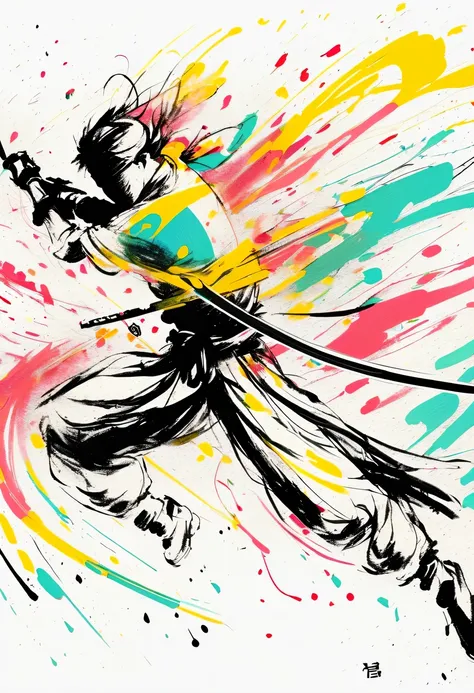 scribble art，ink splatter，Wild，splash ink painting，Abstraction，rich and colorful，Vague dreams，Dynamic energy,publish creation，visual impact,modern aesthetic,Elegant and simple,Contemporary interpretation,be bold,Chinese swordsman