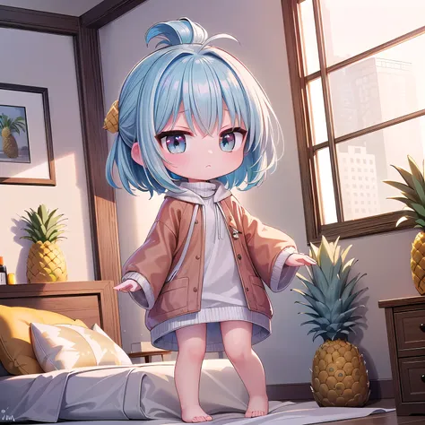 (Chibi, Pineapple, one girl: 1.4), (Masterpiece, almond-shaped eyes, glossy white-blue hair, short chignon hair, top quality, carefully drawn fingertips, beautiful anatomy : 1.4), (full body: 1.3), (Red cheeks, indifference, no expression, hair blowing in ...