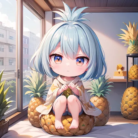 (Chibi, Pineapple, one girl: 1.4), (Masterpiece, almond-shaped eyes, glossy white-blue hair, short chignon hair, top quality, carefully drawn fingertips, beautiful anatomy : 1.4), (full body: 1.3), (Red cheeks, indifference, no expression, hair blowing in ...