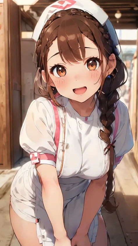 (brown hair:1.4),(brown eyes:1.4),((Braided shorthair:1.3)),((With bangs)),((Valentine:1.4)),(blush),((Gentle smile with open mouth:1.2)),((A colorful and cute world with POP:1.3)),(Soft taste:1.6),((fashion//pure white nurse costume、Glossiness:1.25)),(cut...