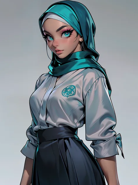 (Masterpiece, best quality) detailed, character sheet, ((a woman, beautifully makeup, eyeshadow, beautiful big eyes, long eye lashes, wearing (Teal satin hijab), ((gray satin shirt)), ((satin long maxi skirt)), photography, detailed skin, realistic, photo-...