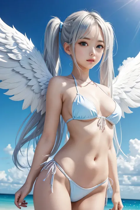 female angel、Angel White Wings、Silver-haired twin tails、blue bikini、background is sky