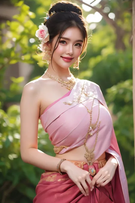 best quality : 1 woman , plump thai girl in traditional thai dress, bright pink and purple, intricate pattern, highly detailed, ...