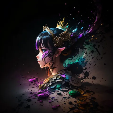 from side, best quality, 32k, RAW photo, incredibly absurdres, extremely detailed, the moment when colorful ink splashes and jumps up, ink crown, ink splatter, beautiful professional lighting