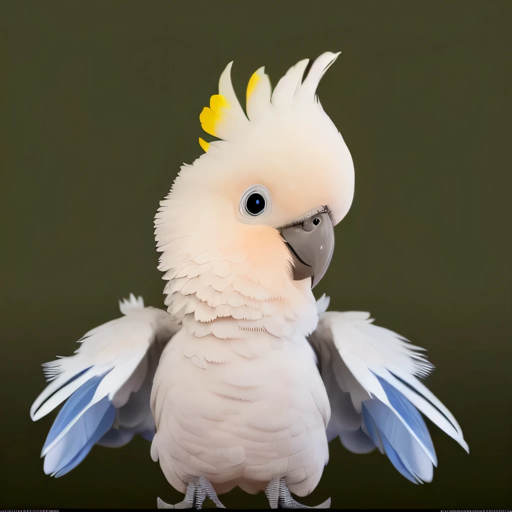 Alafi with yellow and white feathers on its head, arrogant, 拿着喇叭的美冠parrots, full body made of white feathers, down, parrots on head, arrogant expression, feathered head, parrots, feathered, feather wings, bird, covered with feathers, wearing crown of brigh...