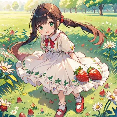 (photorealistic:1.37)、octane rendering、Morning park、Strawberry dress、Girl has twin tail hairstyle and smiles、strawberries fall from the sky、Bright colors、soft sunlight、beautiful flower、green grass、playful atmosphere、peaceful environment、detailed texture、Br...