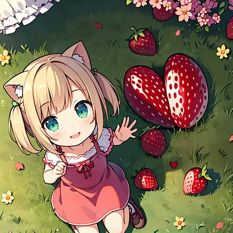 (photorealistic:1.37)、octane rendering、Morning park、Strawberry dress、Girl has twin tail hairstyle and smiles、strawberries fall from the sky、Bright colors、soft sunlight、beautiful flower、green grass、playful atmosphere、peaceful environment、detailed texture、Br...