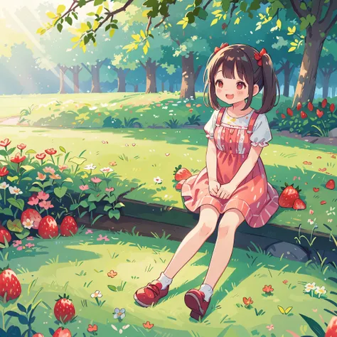 (photorealistic:1.37)、octane rendering、Morning park、Strawberry dress、Girl has twin tail hairstyle and smiles、strawberries fall from the sky、Bright colors、soft sunlight、beautiful flower、green grass、playful atmosphere、peaceful environment、detailed texture、Br...