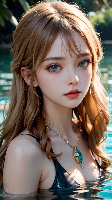 （best quality，4k，8k，high resolution，masterpiece：1.2），Super detailed，lifelike，portrait，Beautiful detailed blue eyes，Beautiful detailed lips，extremelydetailedeyesandface，long eyelashes，young girl，under water swimming，Submerged in crystal clear waters，blond，l...