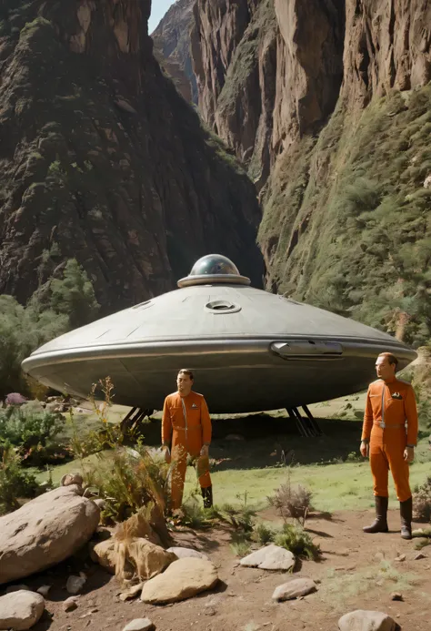 Crew of an old starship from a 1960s TV series in a rustic, planeta pitoresco, lost in space, with scenic plants and rocks, republic series, Programa de TV de Irwin Allen, Science fiction, Uniformes de acampamento coloridos estilo Star Trek e Lost in Space...