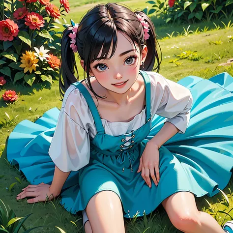 (photorealistic:1.37)、octane rendering、Morning park、Strawberry dress、Girl has twin tail hairstyle and smiles、strawberries fall from the sky、Bright colors、soft sunlight、beautiful flower、green grass、playful atmosphere、peaceful environment、detailed texture、Br...