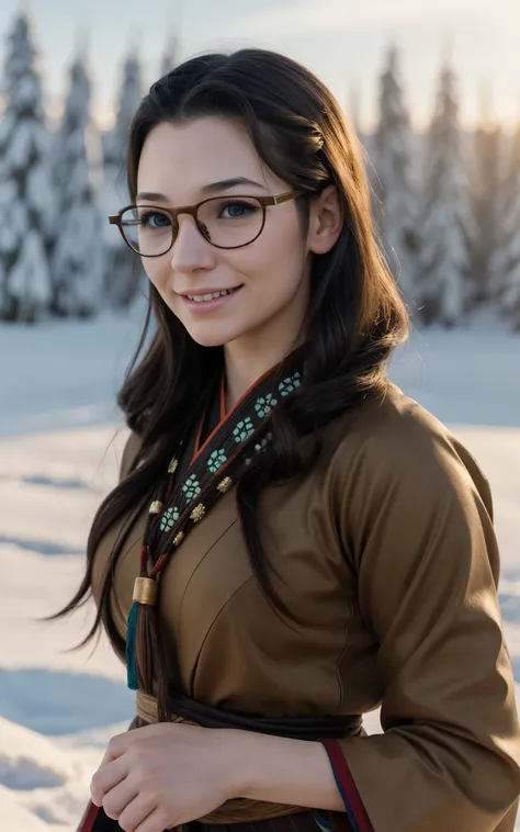 Young ainu woman with the face of (Gal Gadot:Evangeline Lilly), (looking at viewer, light smile, ), brown hair, brown eyes,  long hair, hair_flying, Fluttering hair, flying_hair, ((Transparent glasses, glasses, glasses_on_nose)), ((traditional ainu clothes...