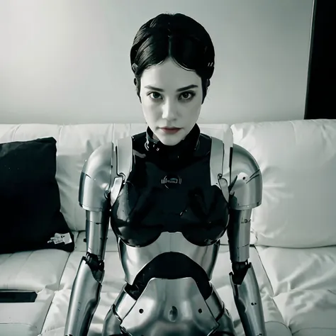 emmy rossum, curvy, ((robot woman)), ((long black straight hair, black eyes)). ((1 woman)). ((maid dress)). ((white plastic face...