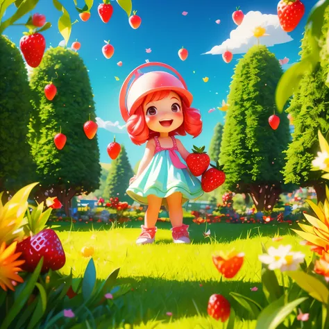 (photorealistic:1.37)、octane rendering、Morning park、Strawberry dress、Girl has twin tail hairstyle and smiles、strawberries fall from the sky、Bright colors、soft sunlight、beautiful flower、green grass、playful atmosphere、peaceful environment、detailed texture、Br...