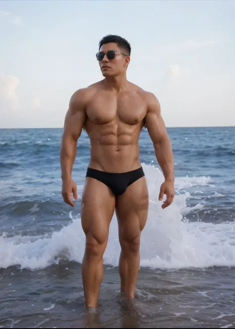 Asian muscular man at the beach, only wearing sunglasses, completely naked.