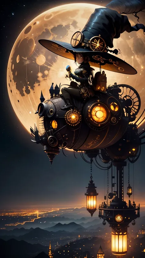 steampunkai。highest quality。masterpiece。detailed details。Witch silhouette in steampunk style。flying over the city。The background is a huge moon and a pitch-black night sky.。