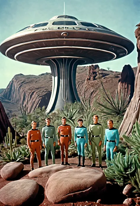 crew of an old starship from a 1960s tv series in a rustic, planeta pitoresco, lost in space, with scenic plants and rocks, repu...