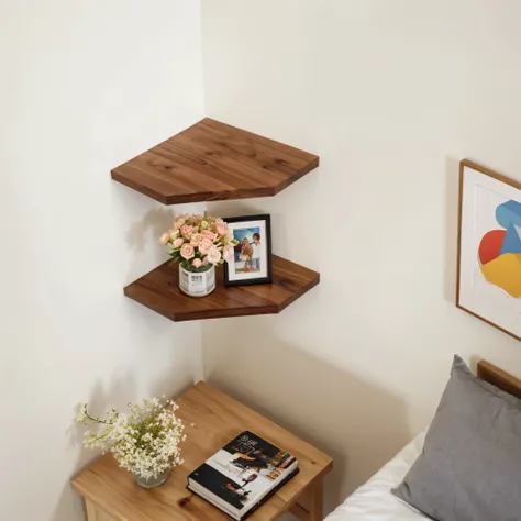 there are two floating shelves on the wall above a bed, placed in a living room, wall corner, corner, top angle view, product introduction photo, top angle, angled, bottom angle, shelf, high detail product photo, corners, above view, simple wood shelves, h...