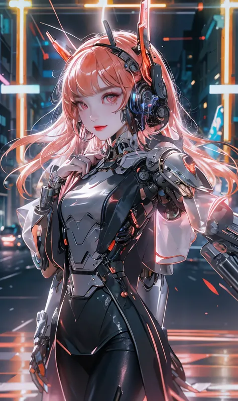 1 girl, Japanese, metallic black titanium and pink, cyberhan, China dress, cyber punk city, dynamic pose, detailed luminescent headphones, luminous hair accessories, long hair, glowing earrings, glowing necklace, cyber punk, high tech city, full of mechani...