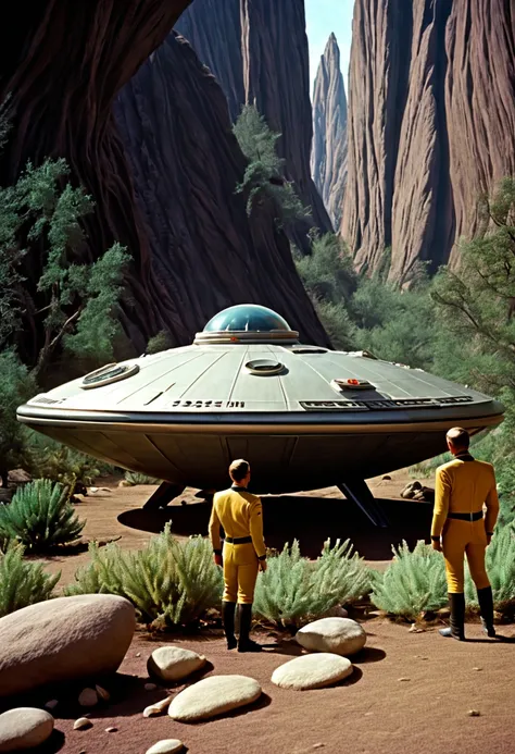 crew of an old starship from a 1960s tv series in a rustic, planeta pitoresco, lost in space, with scenic plants and rocks, repu...