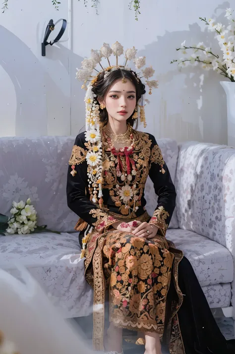 araffe woman in traditional dress sitting on a couch with flowers, traditional dress, traditional clothes, wearing traditional g...