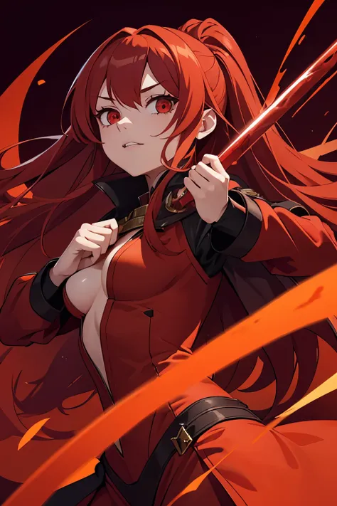 a girl with long orange red hair looks like a villain with maroon background, and shes holding something blood with blood on her, half body