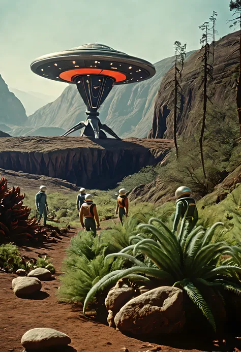 action scene, personagens correndo fugindo, (((aventura))), Crew of an old starship from a 1960s TV series in a rustic, planeta pitoresco, lost in space, with scenic plants and rocks, republic series, Programa de TV de Irwin Allen, Science fiction, Uniform...