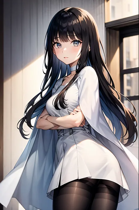 1girl, bangs, black hair, long hair, pantyhose, white dress, white choker, collarbone, cape, back, ass, looking back,